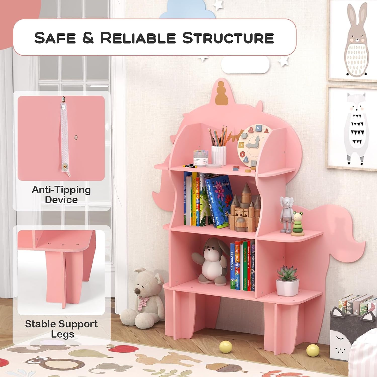 Children Bookcase, Cute Toy Storage Unit with Open Shelves, Wooden Toddler Bookshelf Organizer for Kids Room, Play Room, Nursery (Unicorn)