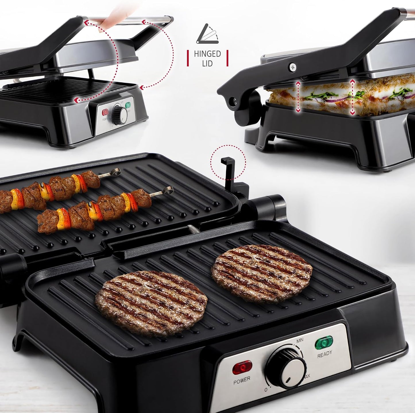 Panini Maker & Health Grill - Sandwich Toaster, Panini Press - 2 Slice Non-Stick Grill Plates – Built-In Fat Tray - 1500W - Stainless Steel – Easy to Clean
