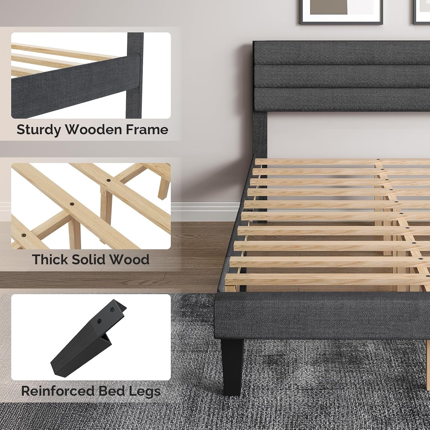 Single Bed Frame, Upholstered Platform Bed with Headboard & under Bed Storage - Sturdy Wooden Slat Support - No Box Spring Needed, Linen-Like Fabric, Light Grey, 90 X 190 Cm