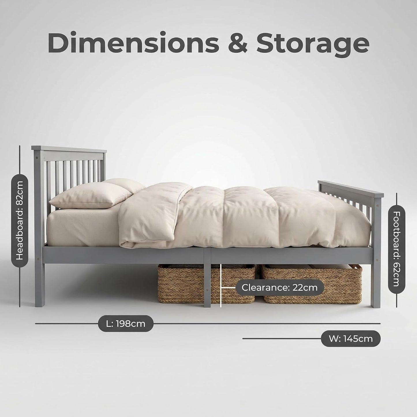 4FT6 Double Bed Frame Pine Wood Bed with Slats Bed for Kids (Grey, Double)