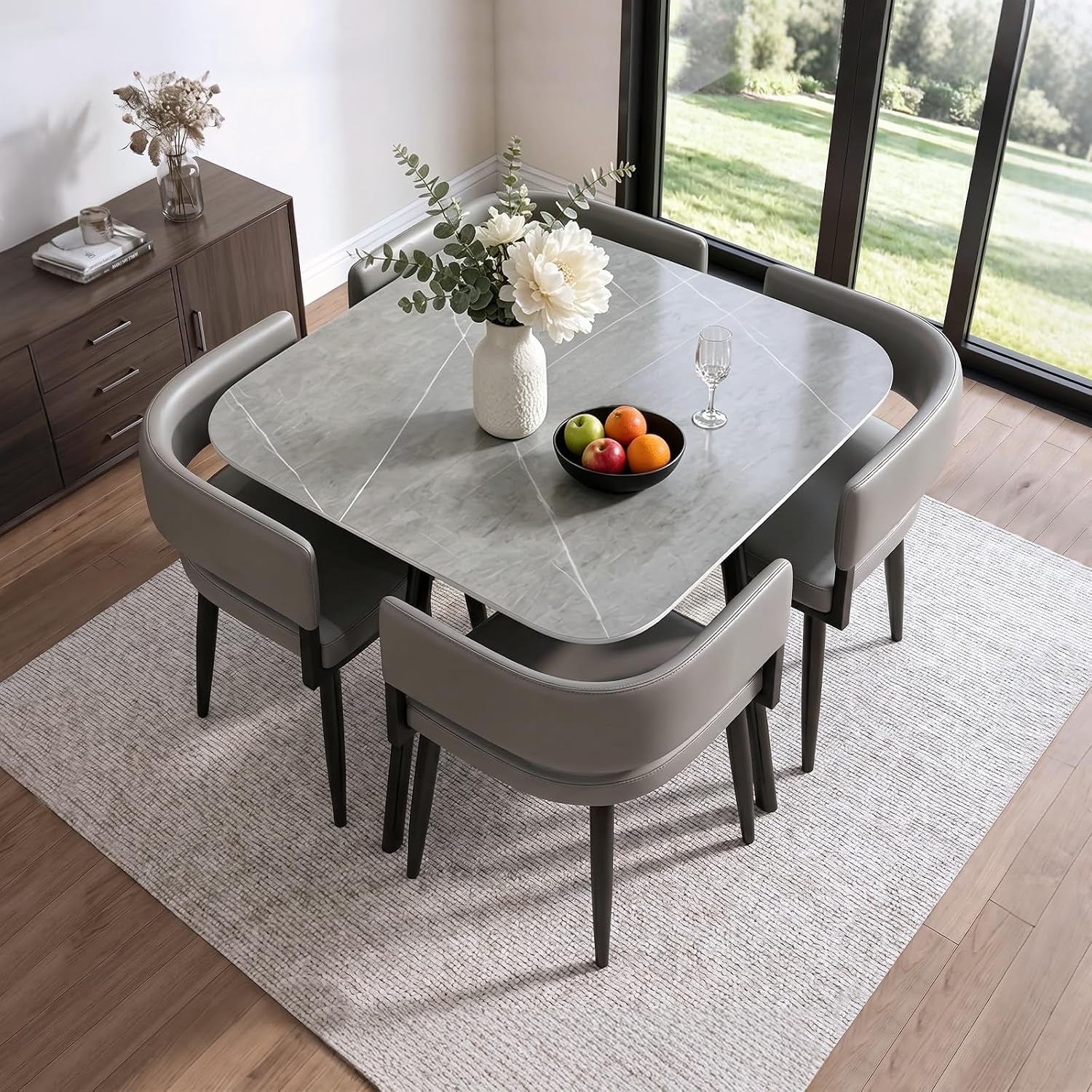 Square Dining Table and Chairs Set for 4, Rock Slab Kitchen Table with 4 PU Leather Chairs, 5 Pieces Dining Room Set for Small Space Apartment Reception, Space Saving, Square Gery