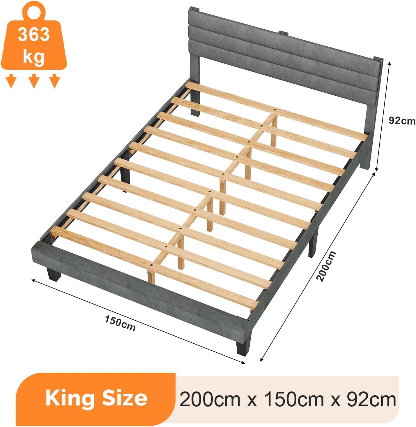 5Ft King Bed Frame, Noise-Free Upholstered Platform Bed with Adjustable Headboard & under Bed Storage - Sturdy Wooden Slat Support - No Box Spring Needed, Velvet, Dark Grey, 150 X 200 Cm