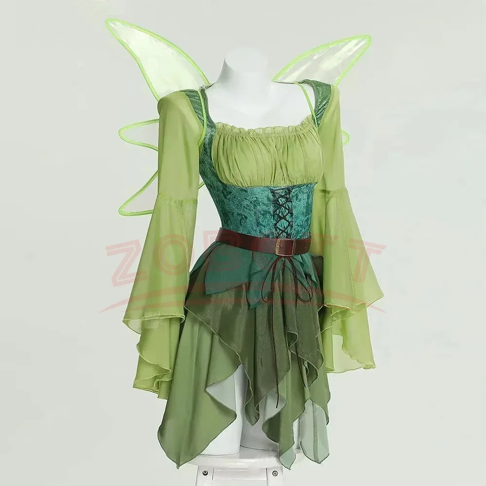 Women'S Elf Medieval Green Fairy Dress Magical Elf Dress and Belt with Wings Halloween Cosplay Costumes Elf Role-Playing Costume