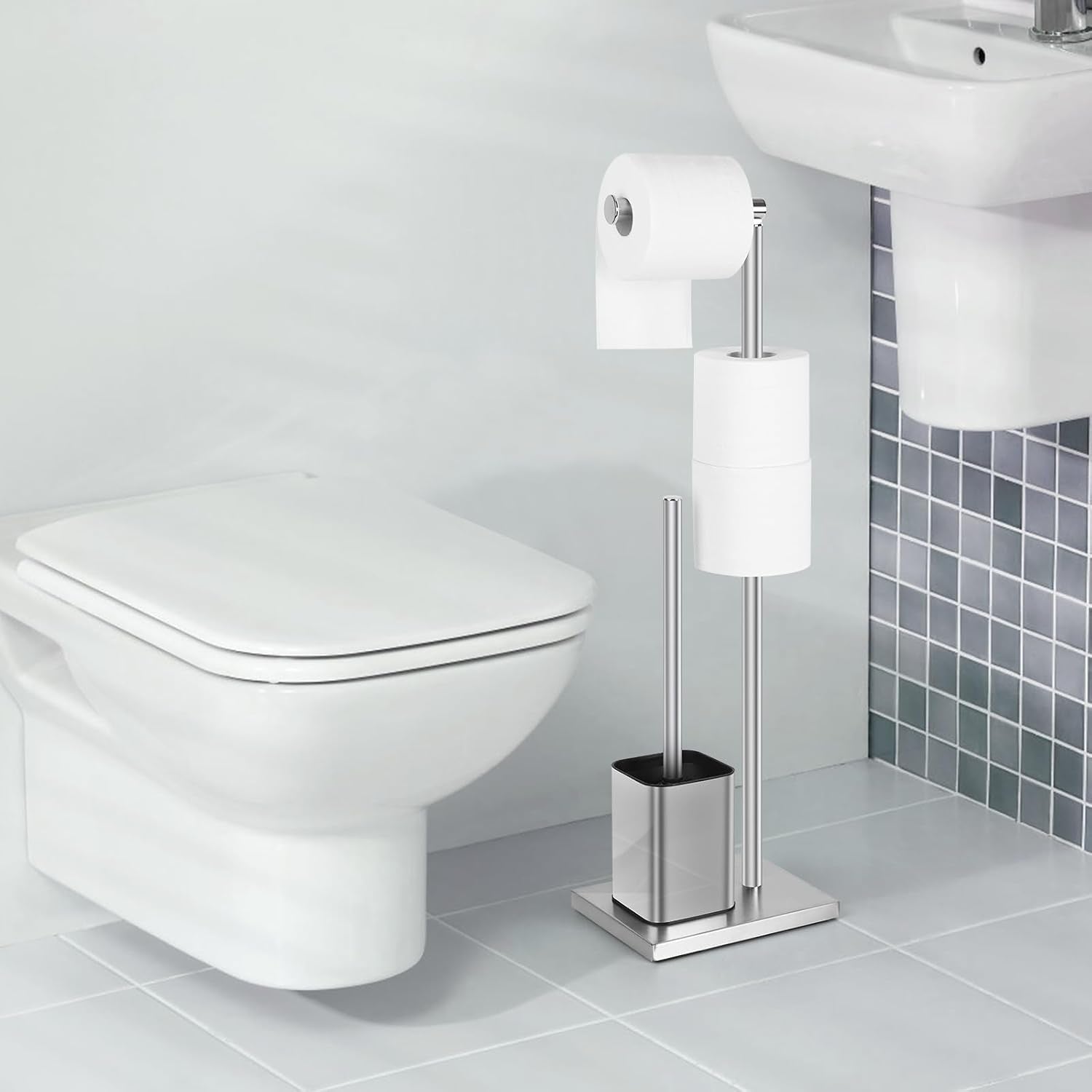 Toilet Roll Holder Free Standing with Toilet Brush - Stainless Steel Toilet Paper Holder Freestanding with Storage for Bathroom (Silver)