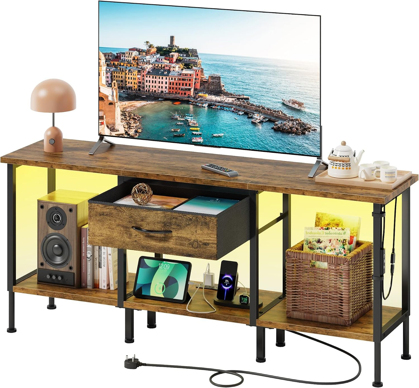 LED TV Stand Unit for 55 50 Inch TV with Socket and USB Slots, TV Cabinet with Fabric Drawer and Open Shelves, 120 Cm TV Stand, Entertainment Center for Living Room Bedroom, Rustic Brown