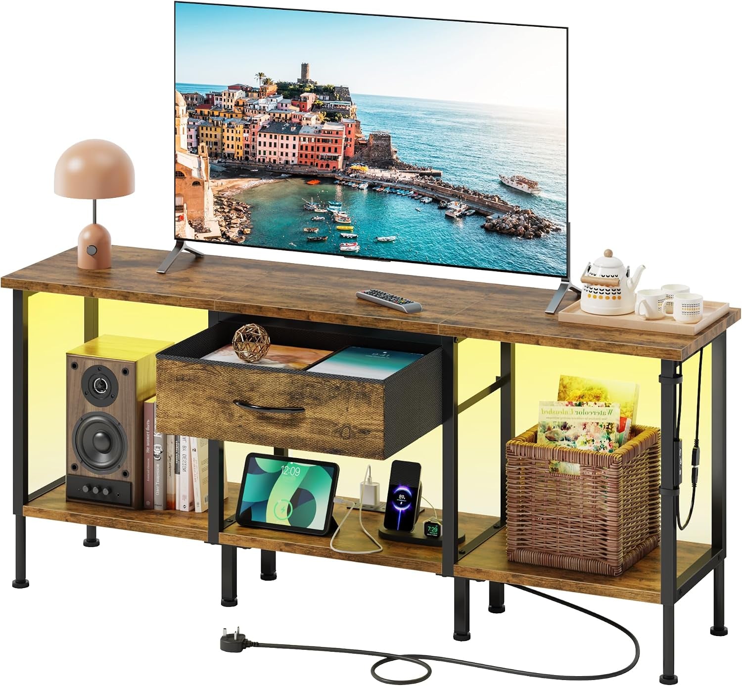LED TV Stand Unit for 55 50 Inch TV with Socket and USB Slots, TV Cabinet with Fabric Drawer and Open Shelves, 120 Cm TV Stand, Entertainment Center for Living Room Bedroom, Rustic Brown