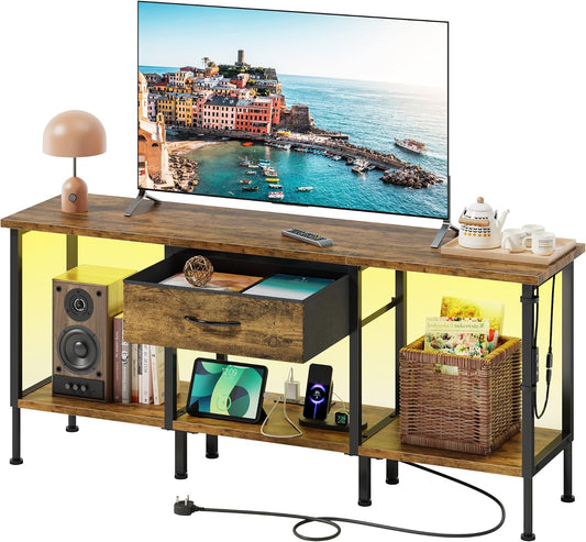 LED TV Stand Unit for 55 50 Inch TV with Socket and USB Slots, TV Cabinet with Fabric Drawer and Open Shelves, 120 Cm TV Stand, Entertainment Center for Living Room Bedroom, Rustic Brown