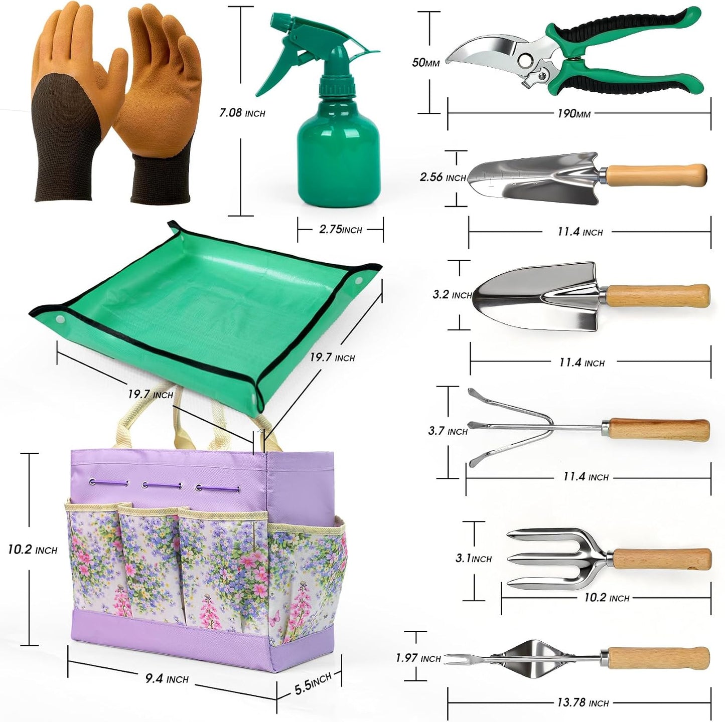 Garden Tools Set 10-Piece, Heavy Duty Gardening Tools Kit for Women & Men with Stainless Steel Hand Tool, Pruning Shears, Gloves, Bag - Ideal Gardening Gifts for Women & Gardeners