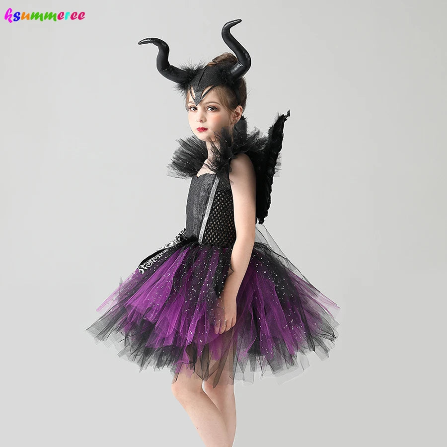 Glittery Black & Purple Kids Evil Witch Tutu Dress Girls Dark Fairy Witch Tutu Halloween Cosplay Costume with Horns and Wings
