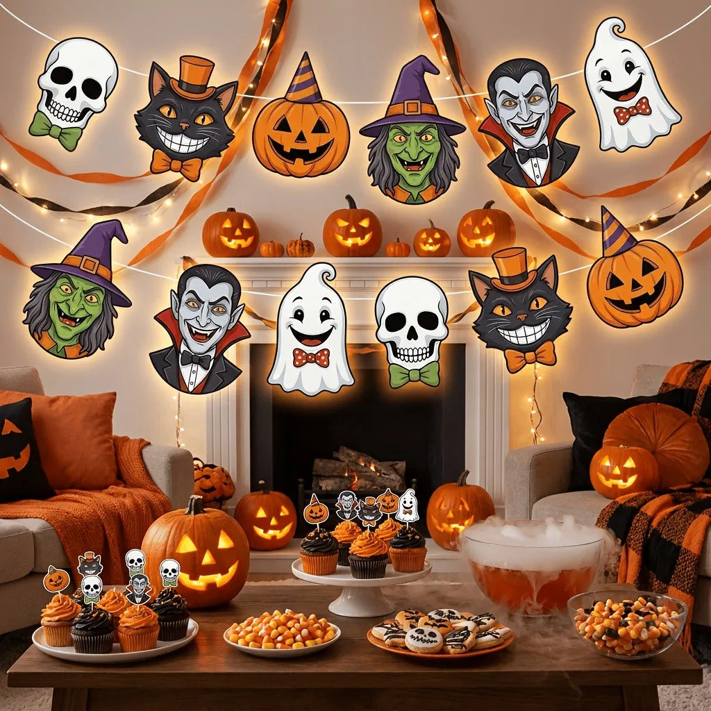 Cartoon Halloween Character Banner Witch Vampire Ghost Pumpkin Black Cat Skull Bunting Garland for Indoor Home Party Decor