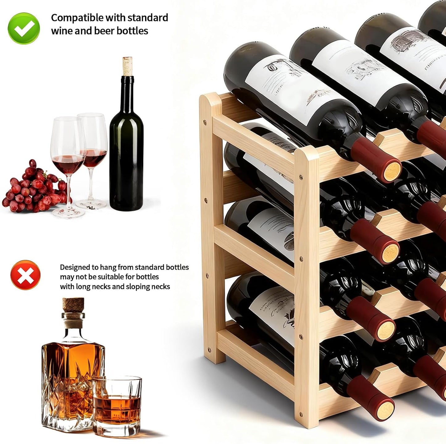 16 Bottles Wooden Wine Rack, 4 Tier Stackable Wine Storage Racks Free Standing Bottle Rack for Cupboard Home Kitchen Pantry Wine Cellar