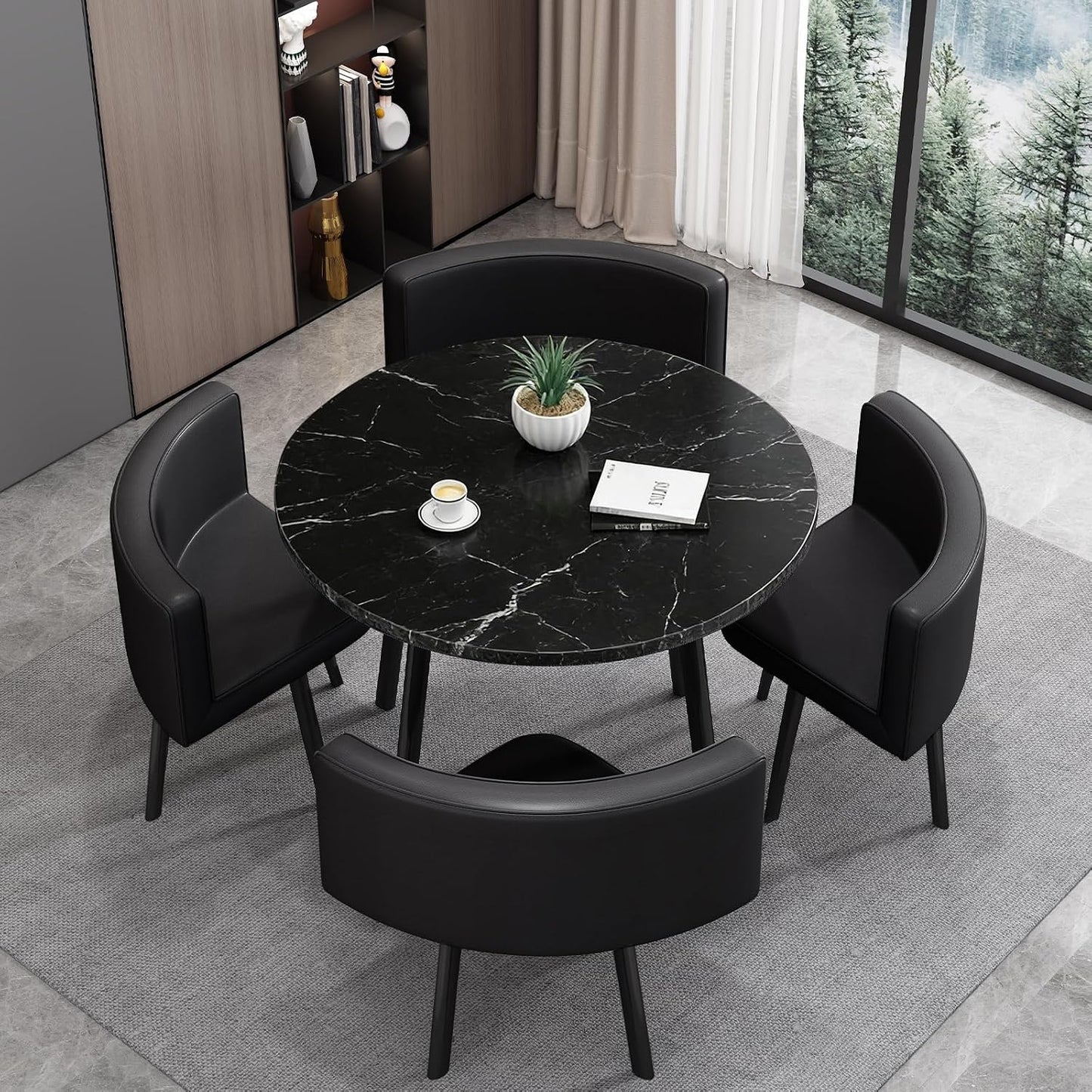 Dining Table and Chairs Set 4, Modern Wooden Small Kitchen Dining Table with 4 Faux Leather Chairs for Small Space Home Apartment, Living Room Office