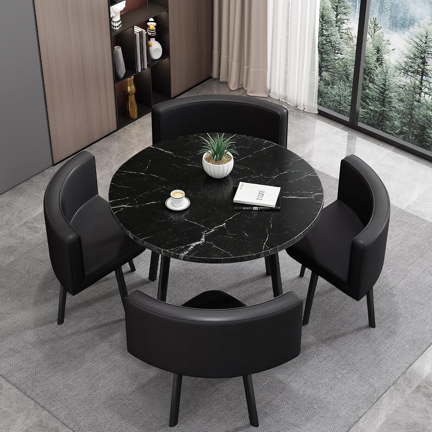 Dining Table and Chairs Set 4, Modern Wooden Small Kitchen Dining Table with 4 Faux Leather Chairs for Small Space Home Apartment, Living Room Office