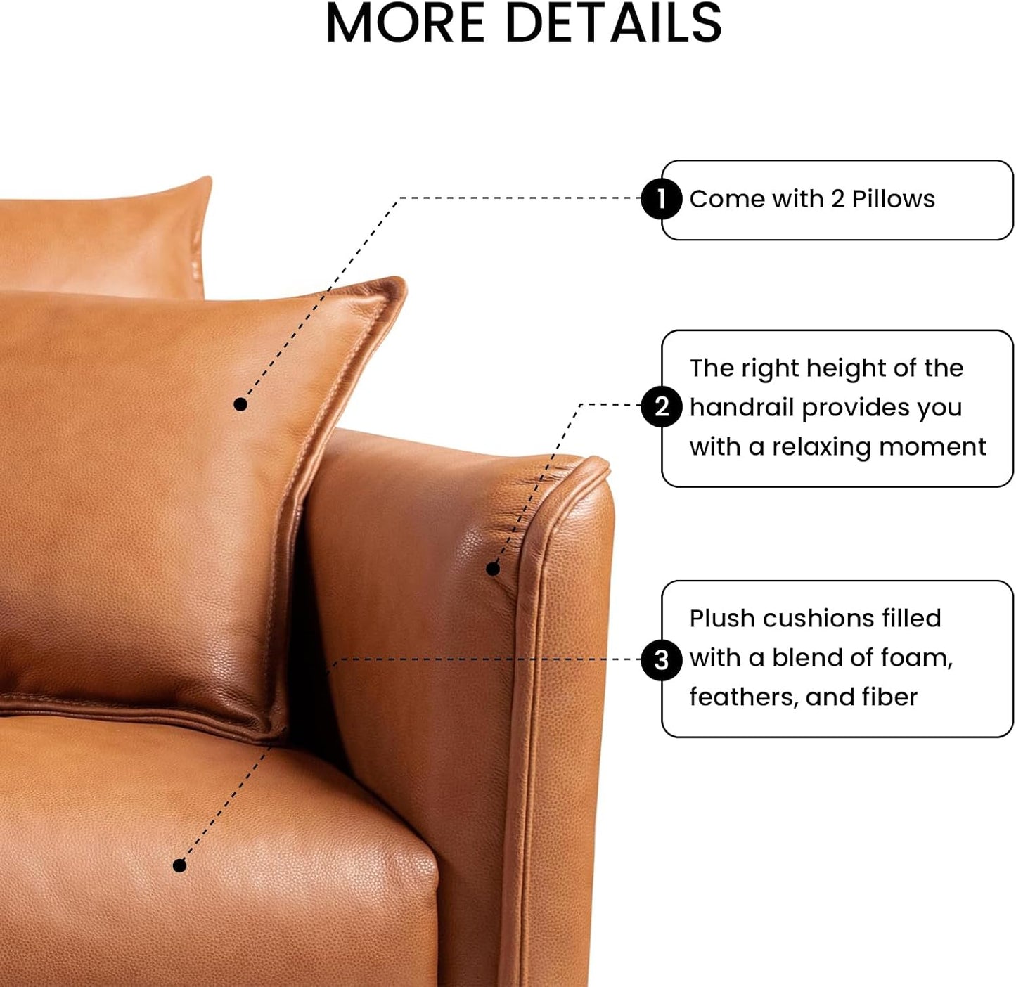 Valencia 3 Seater Leather Sofa, Genuine Leather Contemporary Couch with 2 Pillows, Living Room Furniture Easy to Clean - Jasper