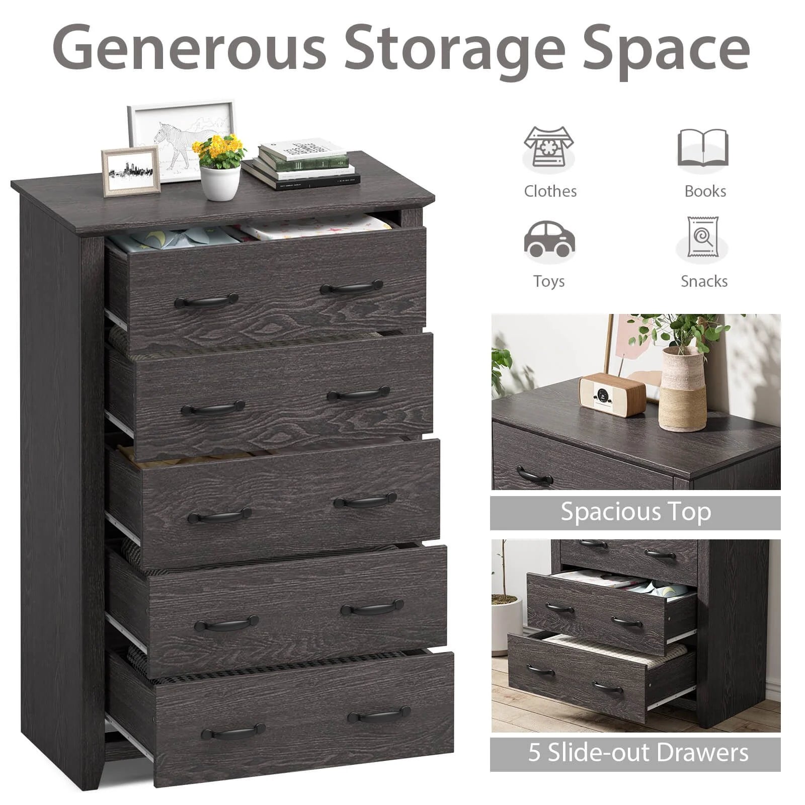 Dresser Vertical Chest of Drawers with 5 Pull-Out Drawers