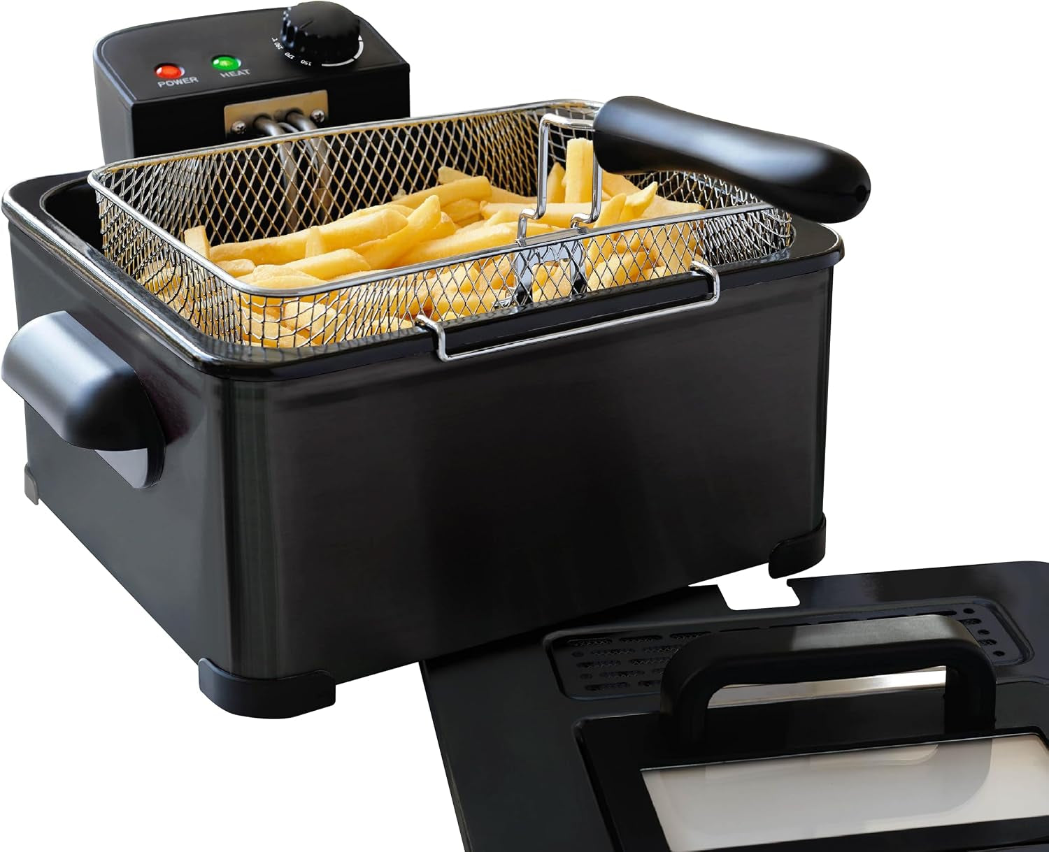 Deep Fat Fryer with Triple Baskets Large 5 Litre Deep Fryers Chip Pan with Viewing Window, 3 Chip Baskets, Adjustable Temperature Control, Stainless Steel, Black