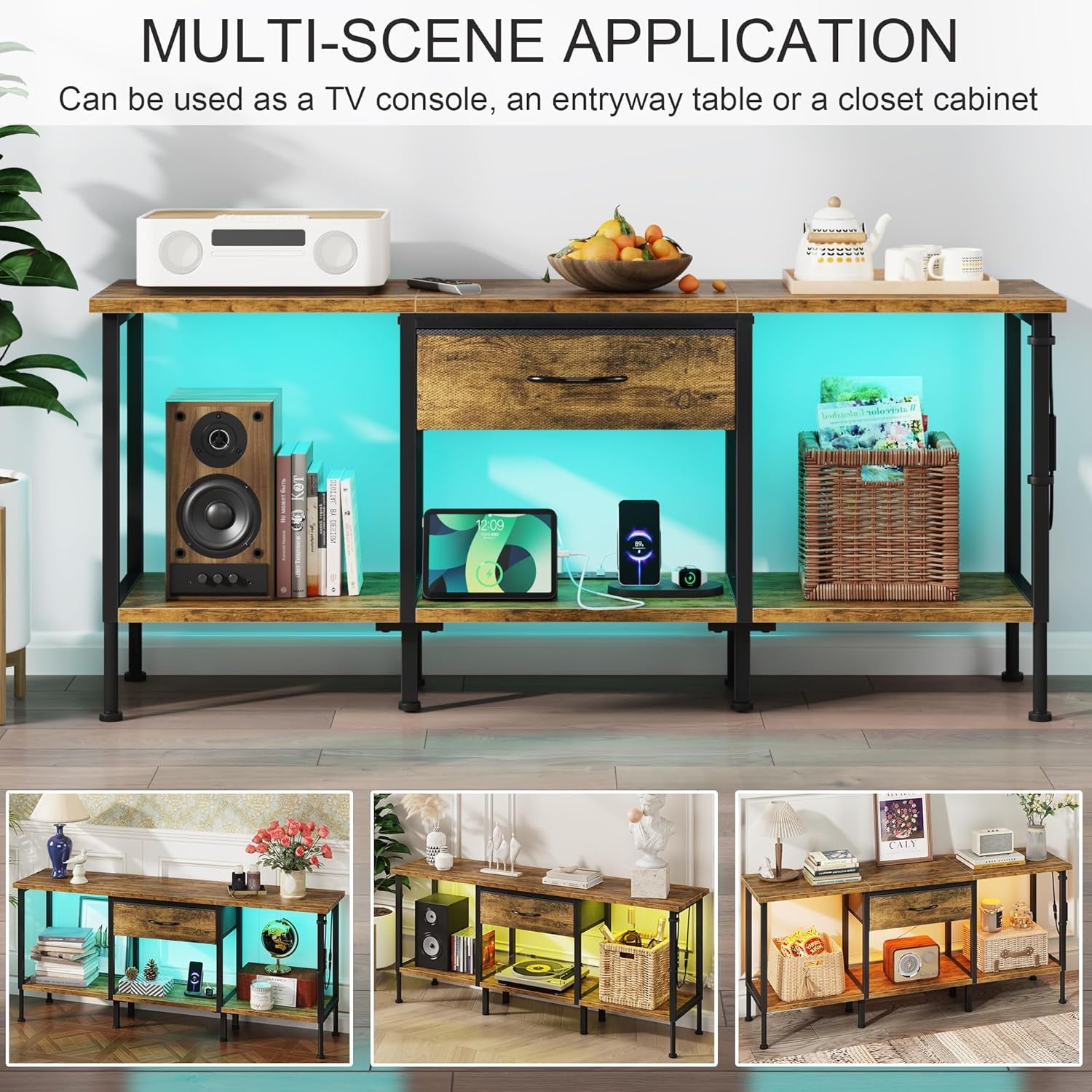 LED TV Stand Unit for 55 50 Inch TV with Socket and USB Slots, TV Cabinet with Fabric Drawer and Open Shelves, 120 Cm TV Stand, Entertainment Center for Living Room Bedroom, Rustic Brown