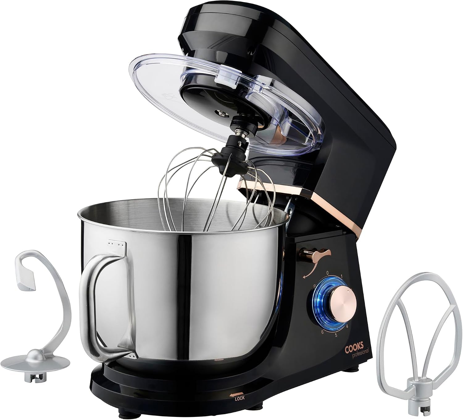 Stand Mixer 1200W with 6 Speeds & Pulse, 7L S-Steel Mixing Bowl, Splash Guard, Whisk, Beater & Dough Hook | Electric Kitchen Mixer for Cakes, Bread, Baking | Black & Rose Gold