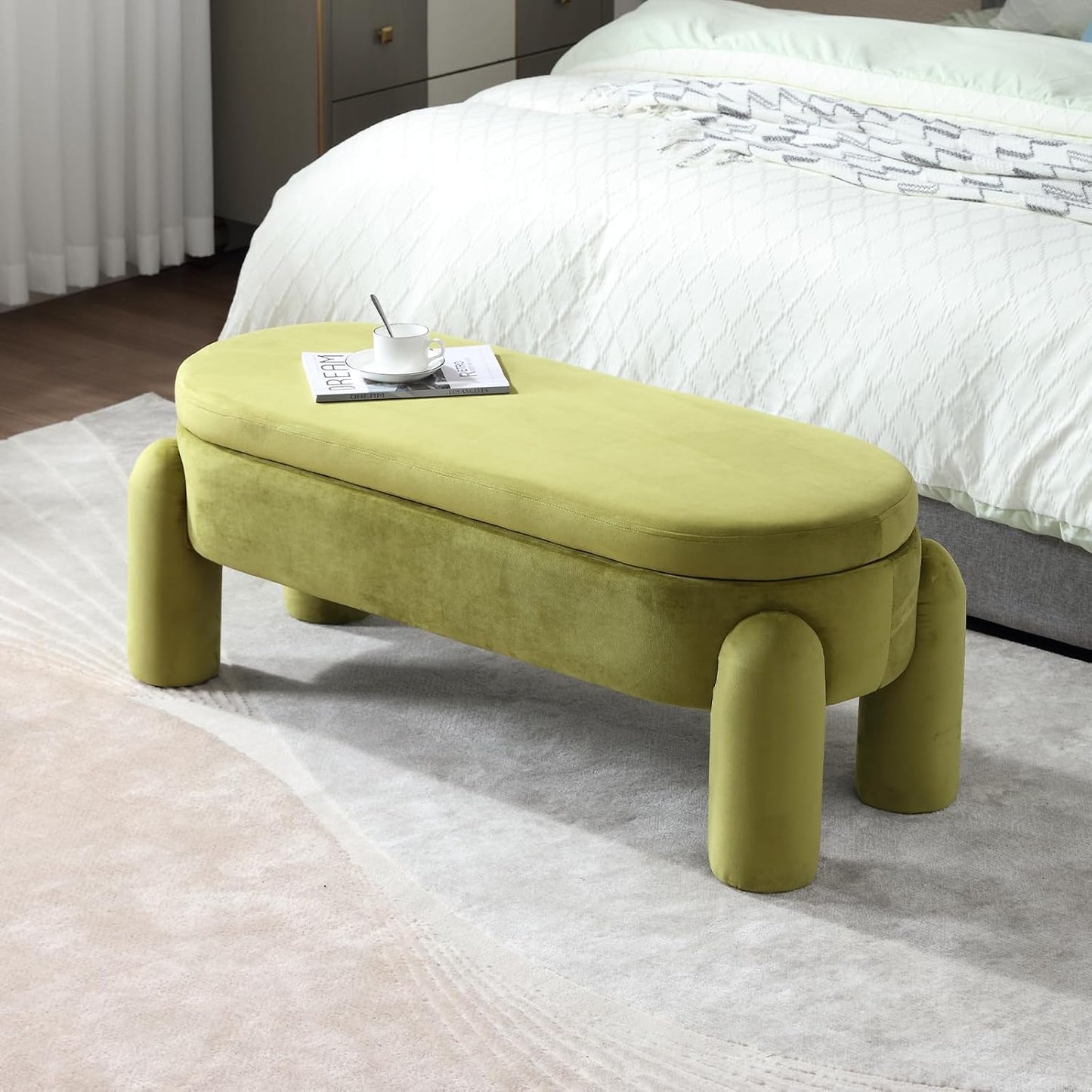 Upholstered Storage Ottoman Seat Velvet Window Bench Corner Bench for Bedroom Living Room (Green)