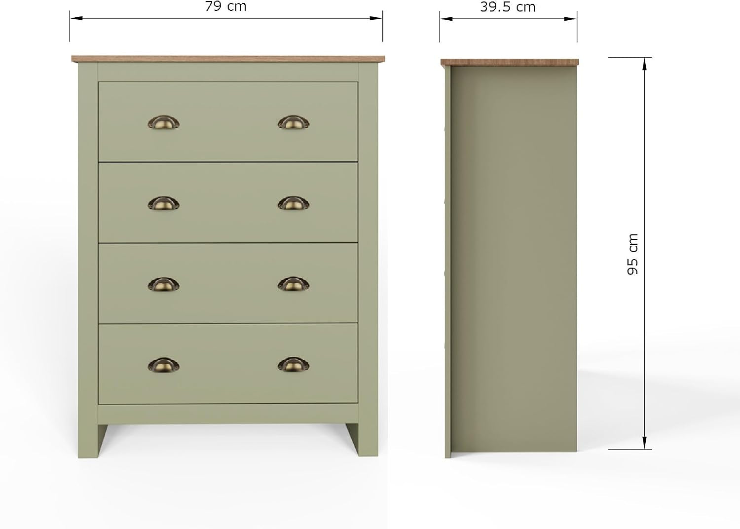 4 Piece Bedroom Furniture Set with 3 Door Wardrobe, 4 Drawer Chest & 2 Bedside Tables, Shaker Style Bedroom Storage Set with Oak Effect Tops