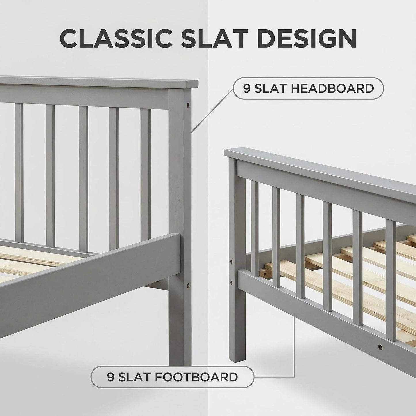 4FT6 Double Bed Frame Pine Wood Bed with Slats Bed for Kids (Grey, Double)