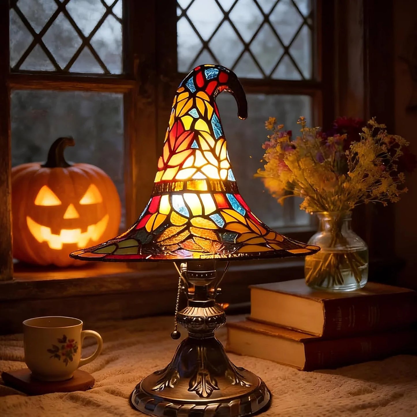 Stained Glass Witch Hat Lamp Magic LED Witch-Hat Lamp USB Creative Table Lamp Night Light for Bedroom Room Decor Halloween