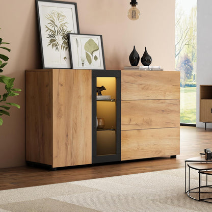 Chest of Drawers Bedroom with 3 Drawers, 1 Door, 1 Shelf Storage Cabinet, and 4 Open Compartments, Ample Storage Space, Functional Sideboards for Living Room, Black & Brown, 140X40X80Cm