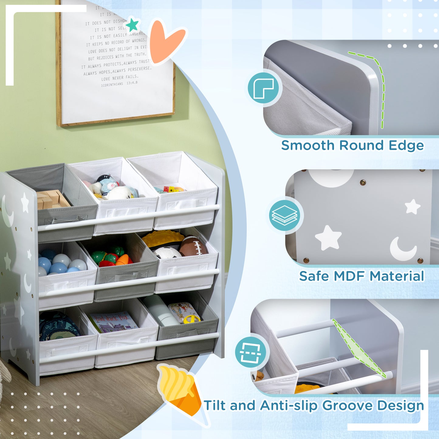 Kids Storage Unit W/ Nine Removable Baskets, for Nursery, Playroom