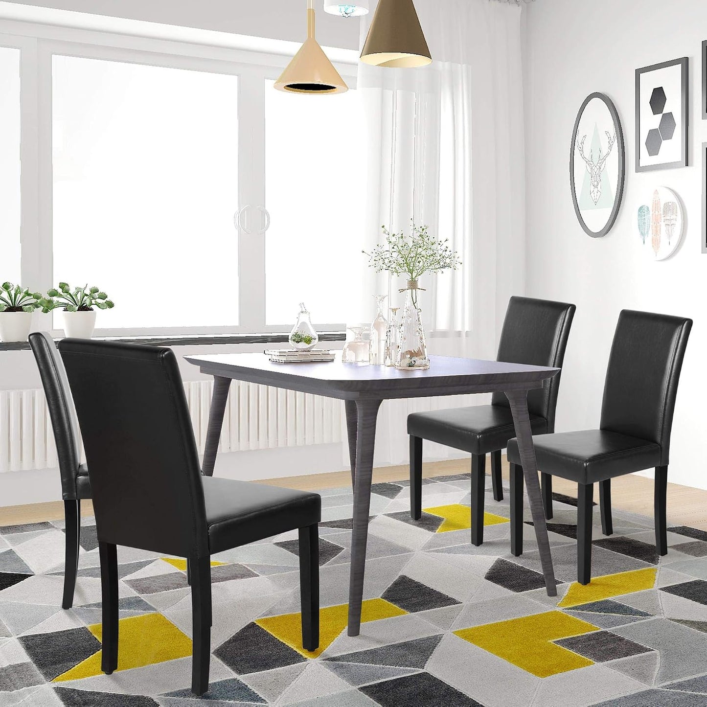 Faux Leather Dining Room Chair Set of 4 with High Back, Black | Upholstered Kitchen Chairs, 10.5Cm Thick Seat Cushion Armless Side Chairs with Solid Wood Legs for Dining Room, Living Room