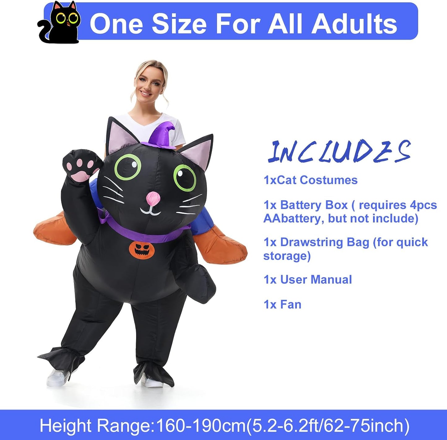 Inflatable Cat Costume for Adult Kids, Halloween Costumes Men Women Ride on Blow up Costumes Funny Fancy Dress Party Costumes (Adult)
