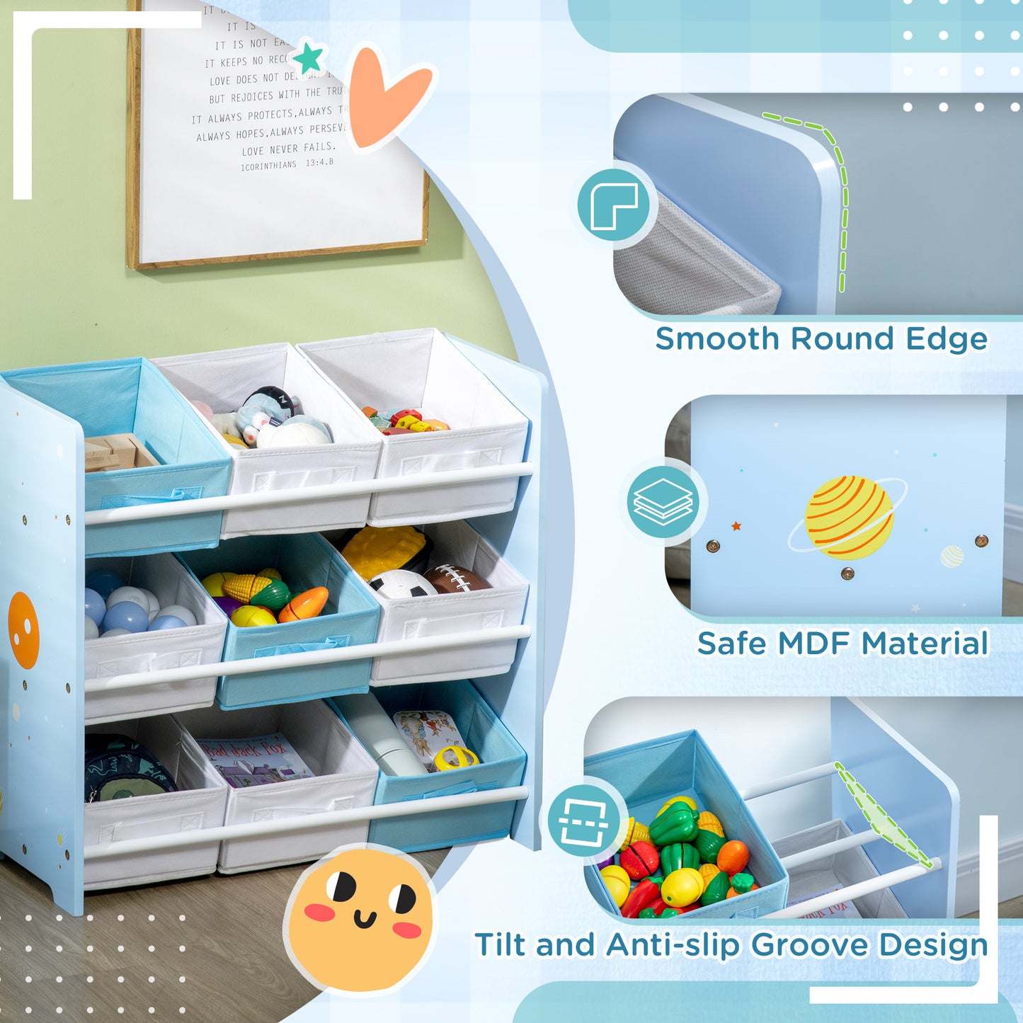 Kids Storage Unit W/ Nine Removable Baskets, for Nursery, Playroom
