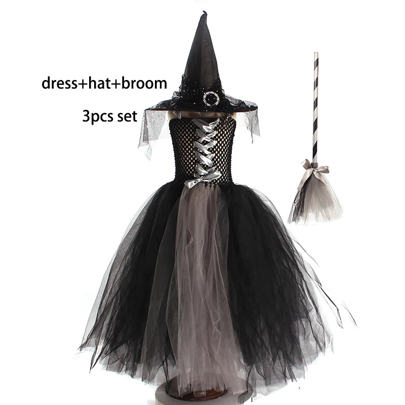 Girls Gothic Halloween Ghost Witch Costume Flare Sleeve Kids Gown Robe Tutu Dress with Witch Hat for Purim Carnival Party