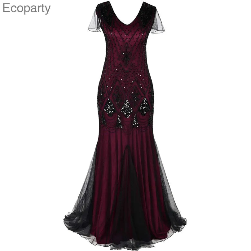 Women Sequins Glitter Gatsby Vintage Dress 1920S Retro Clubwear Elegant Ladies Halloween Party Cos Dresses Long Gowns Vestidos