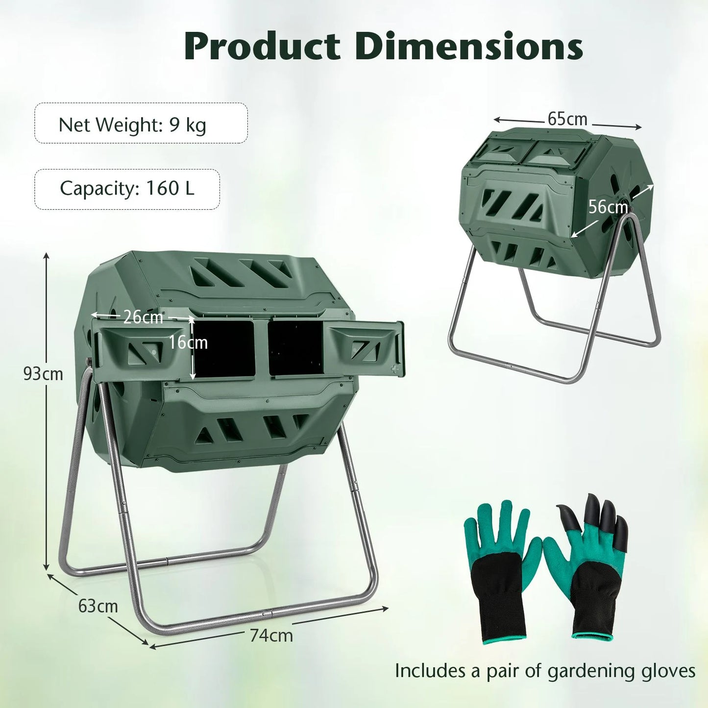 Compost Bin 160L Dual Chamber Composting Tumbler with Sliding Doors