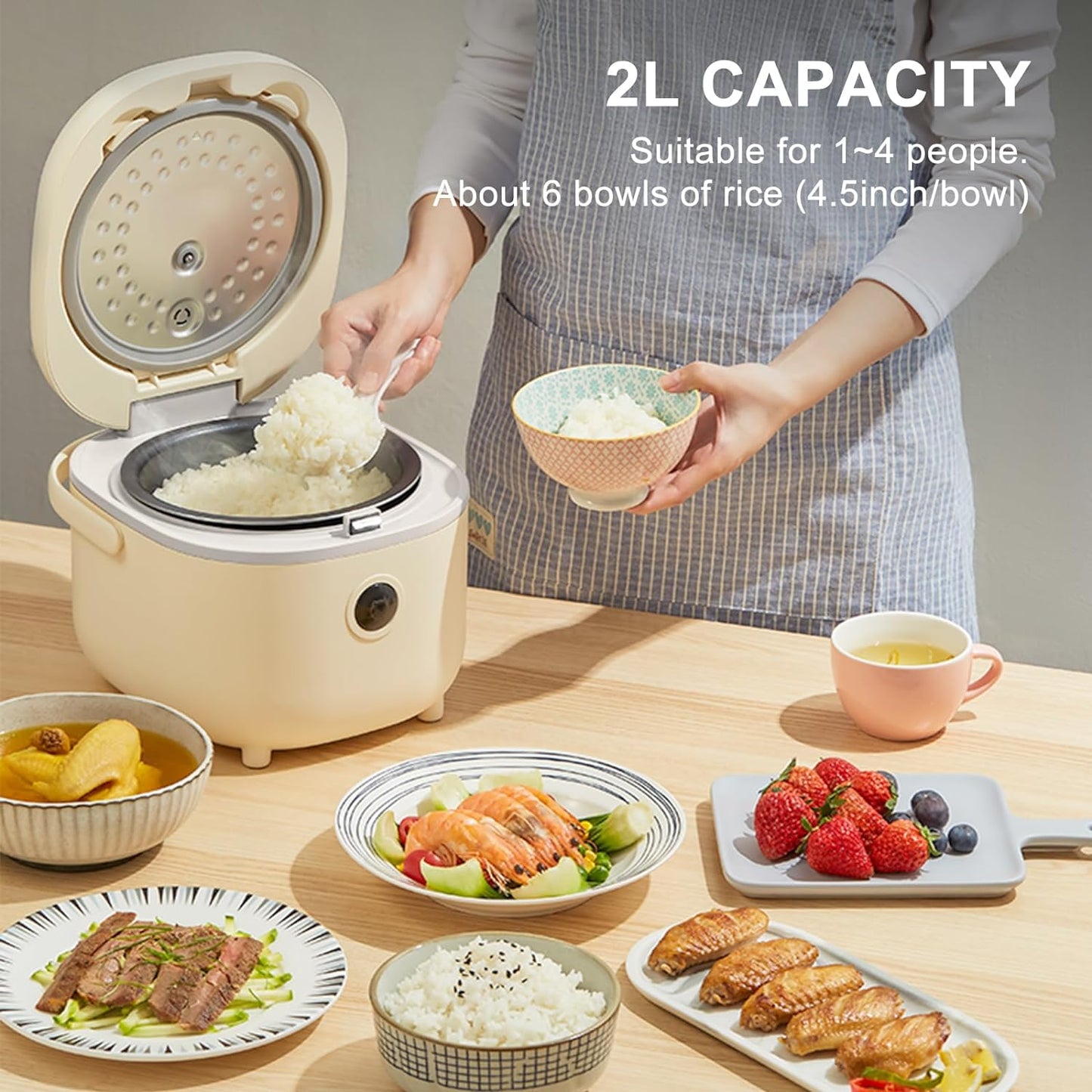 Small Rice Cooker, 4 Cup 2L Multifunctional with Steamer, Yellow | Smart Control, 7-Step Cooking; 6-In-1: Rice, Porridge, Soup, Steam, Keep Warm; Non-Stick Pot, Removable Lid, Compact