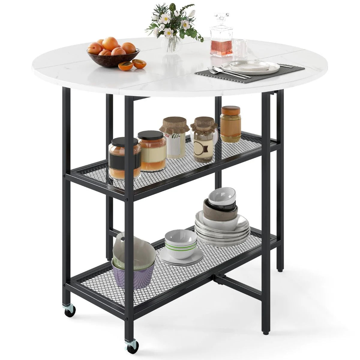 Round Kitchen Table Modern Dining Table with Drop Leaf Tabletop