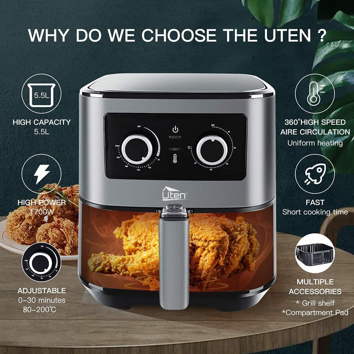 5.5L Air Fryer Oven — 1700W, Rapid Air Technology, Knob Control