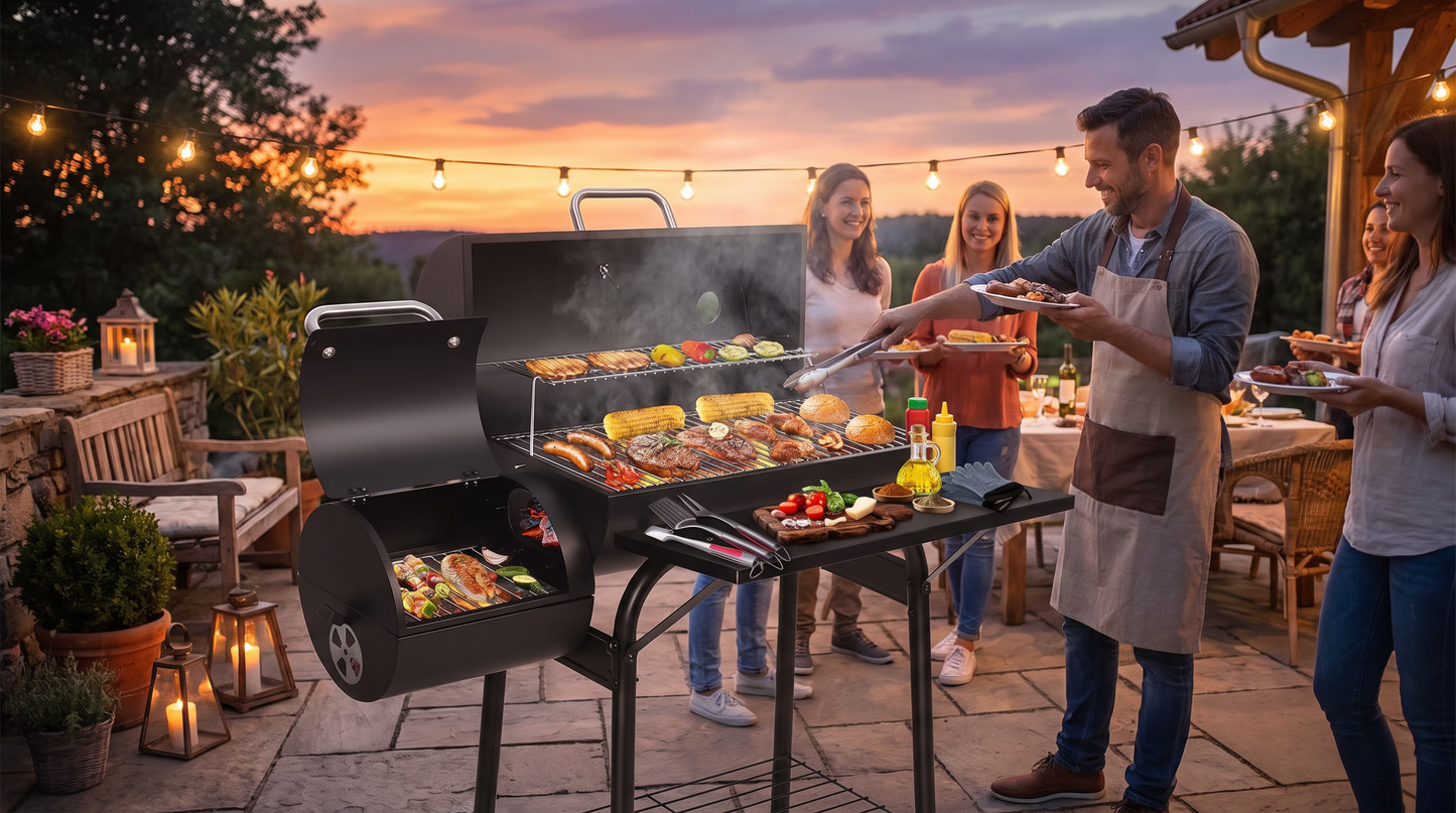 Charcoal BBQ Grill with Offset Smoker – XL Barrel Barbecue with Side Box