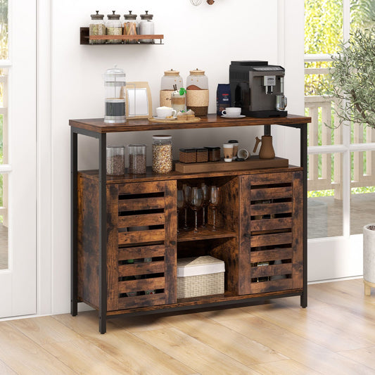 Charming Rustic Brown Sideboard Storage Cabinet with Slatted Doors and Adjustable Shelves for Elegant Home Organization