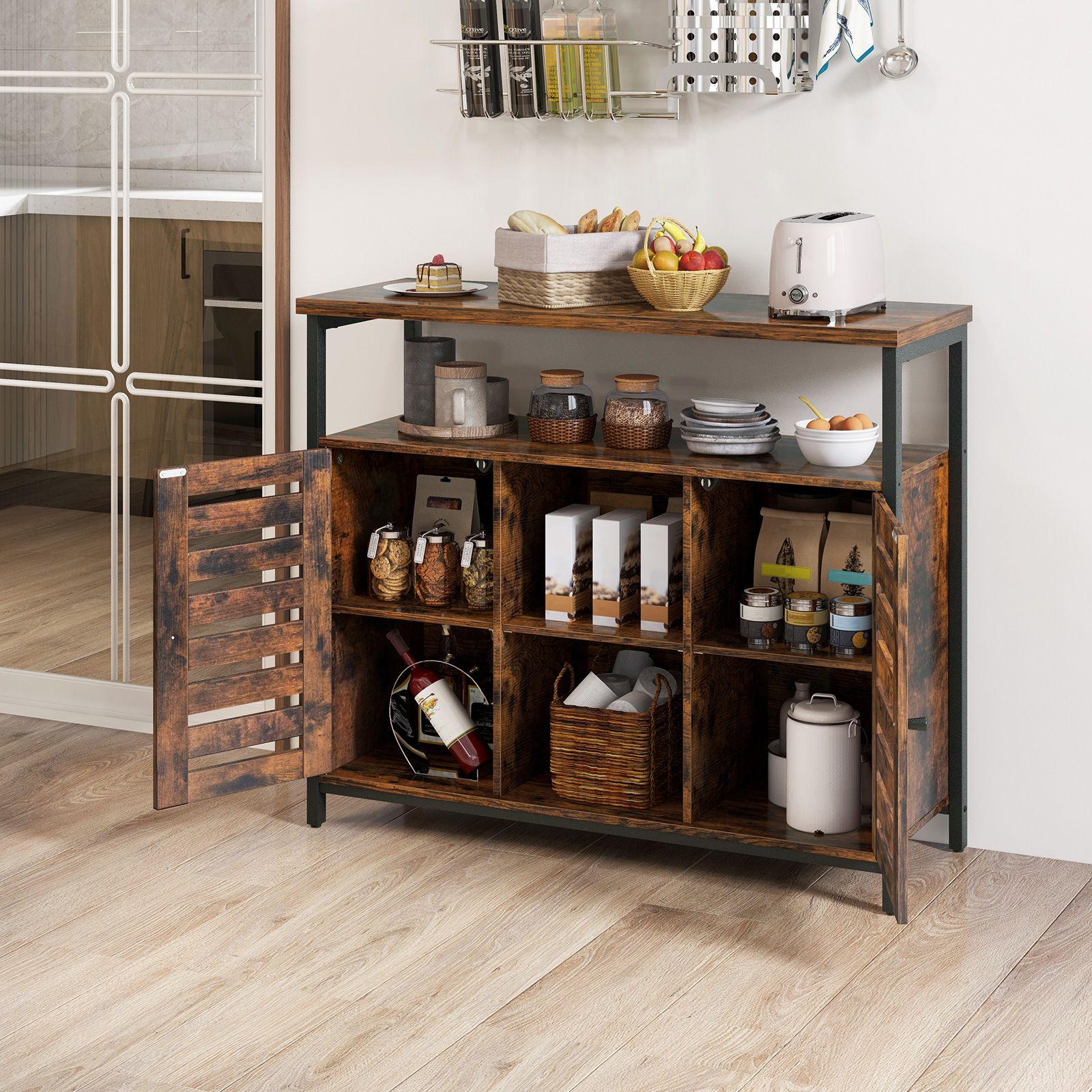 Charming Rustic Brown Sideboard Storage Cabinet with Slatted Doors and Adjustable Shelves for Elegant Home Organization
