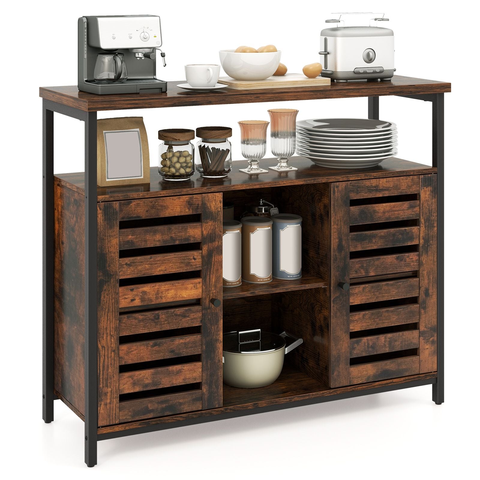 Charming Rustic Brown Sideboard Storage Cabinet with Slatted Doors and Adjustable Shelves for Elegant Home Organization