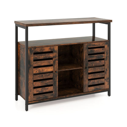 Charming Rustic Brown Sideboard Storage Cabinet with Slatted Doors and Adjustable Shelves for Elegant Home Organization