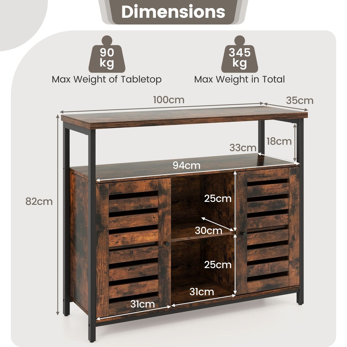 Charming Rustic Brown Sideboard Storage Cabinet with Slatted Doors and Adjustable Shelves for Elegant Home Organization