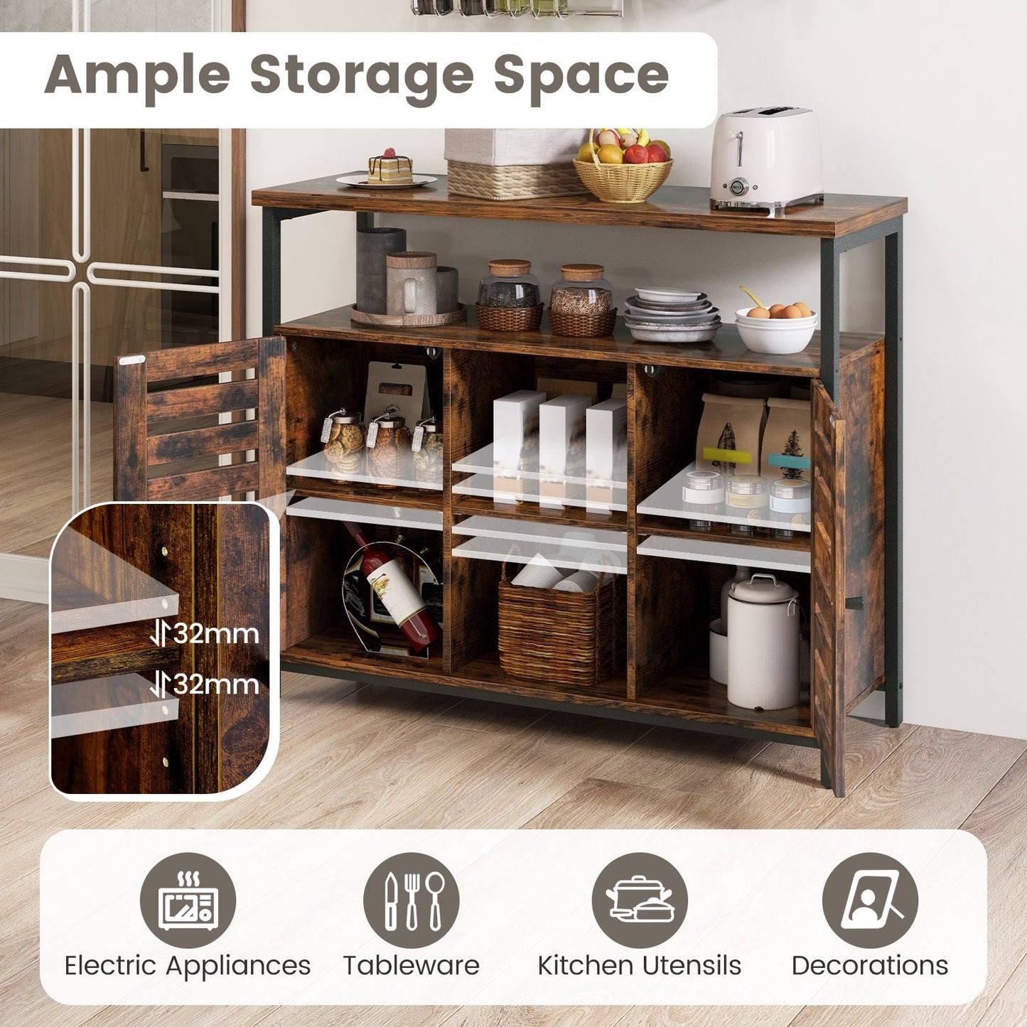Charming Rustic Brown Sideboard Storage Cabinet with Slatted Doors and Adjustable Shelves for Elegant Home Organization