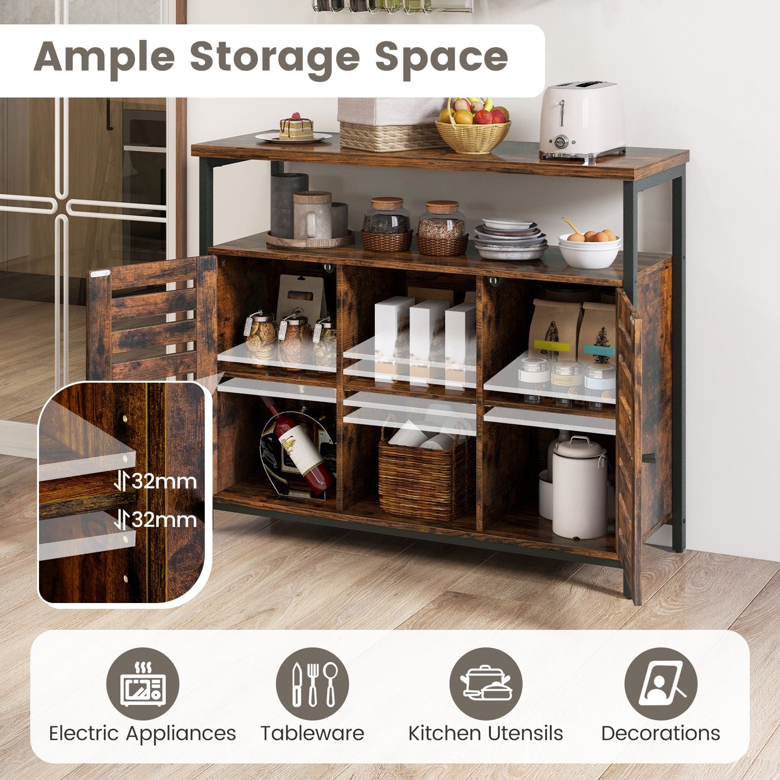 Charming Rustic Brown Sideboard Storage Cabinet with Slatted Doors and Adjustable Shelves for Elegant Home Organization