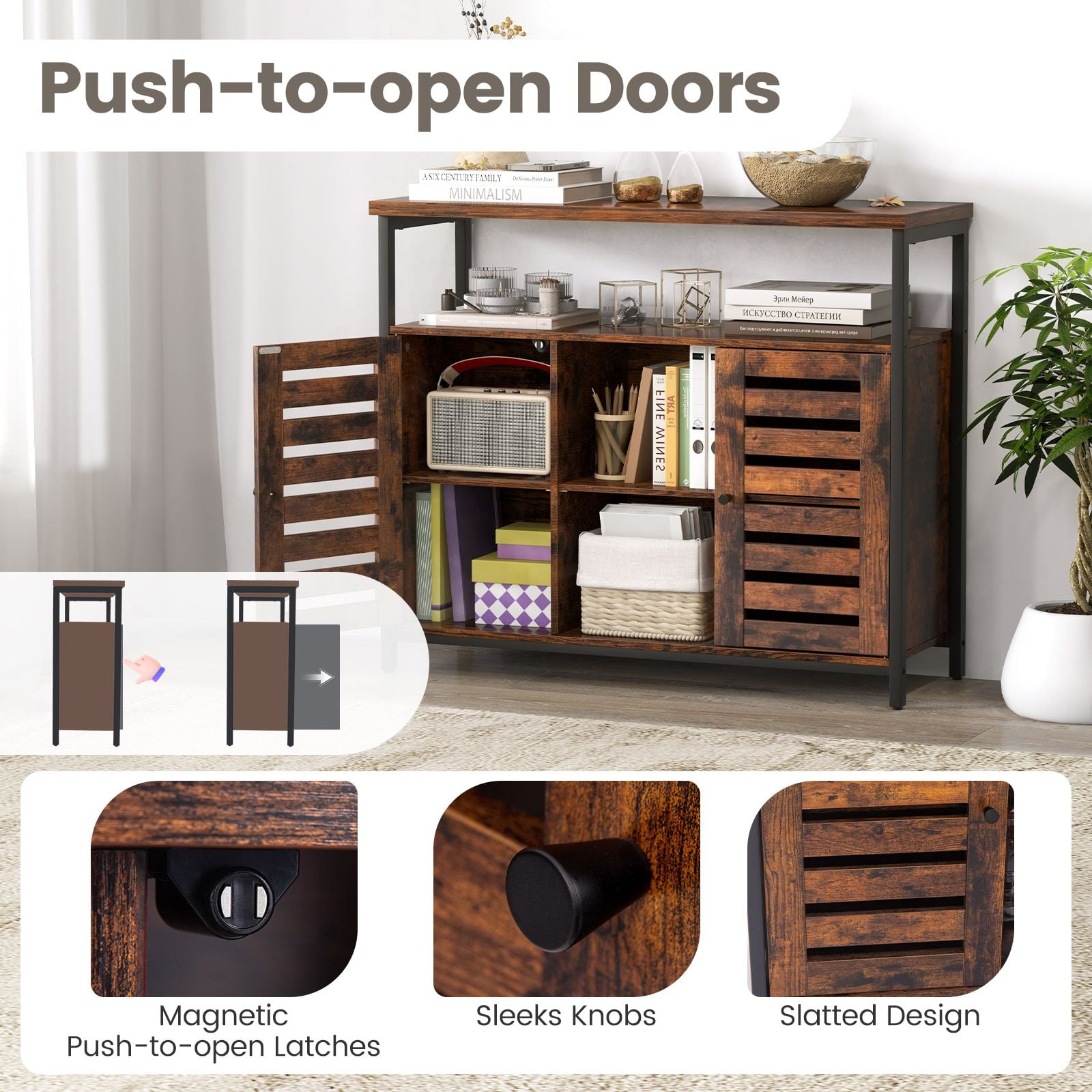 Charming Rustic Brown Sideboard Storage Cabinet with Slatted Doors and Adjustable Shelves for Elegant Home Organization