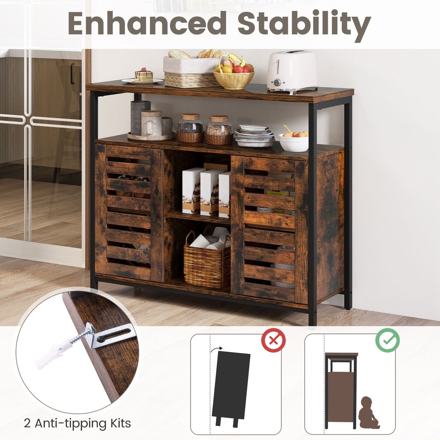 Charming Rustic Brown Sideboard Storage Cabinet with Slatted Doors and Adjustable Shelves for Elegant Home Organization