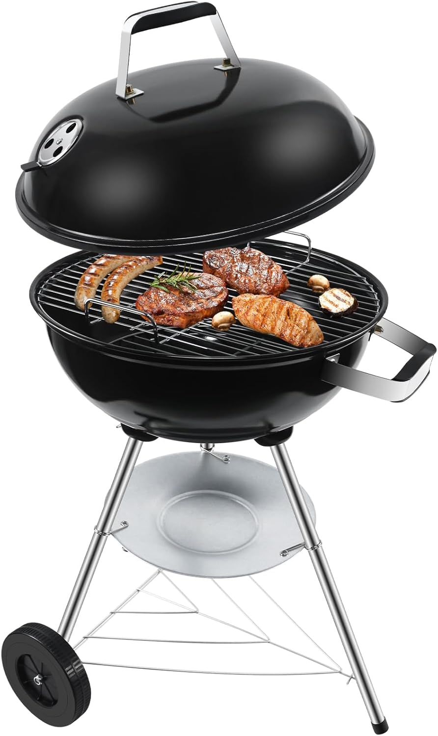 Charcoal BBQ Grill, Outdoor Barbecue Portable Kettle Coal with Wheels, 41Cm Grill Area, Stand Ball Rounded Barbecue Grill Camping Garden Black