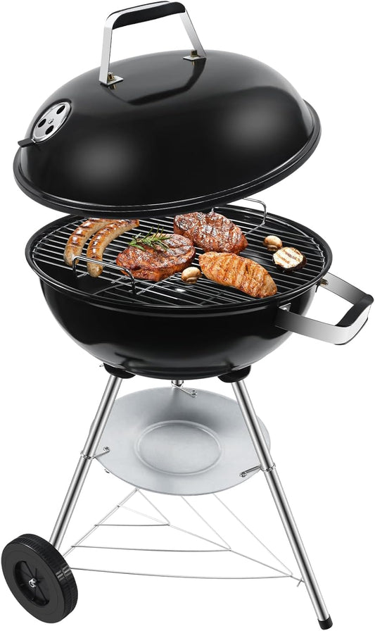 Charcoal BBQ Grill, Outdoor Barbecue Portable Kettle Coal with Wheels, 41Cm Grill Area, Stand Ball Rounded Barbecue Grill Camping Garden Black