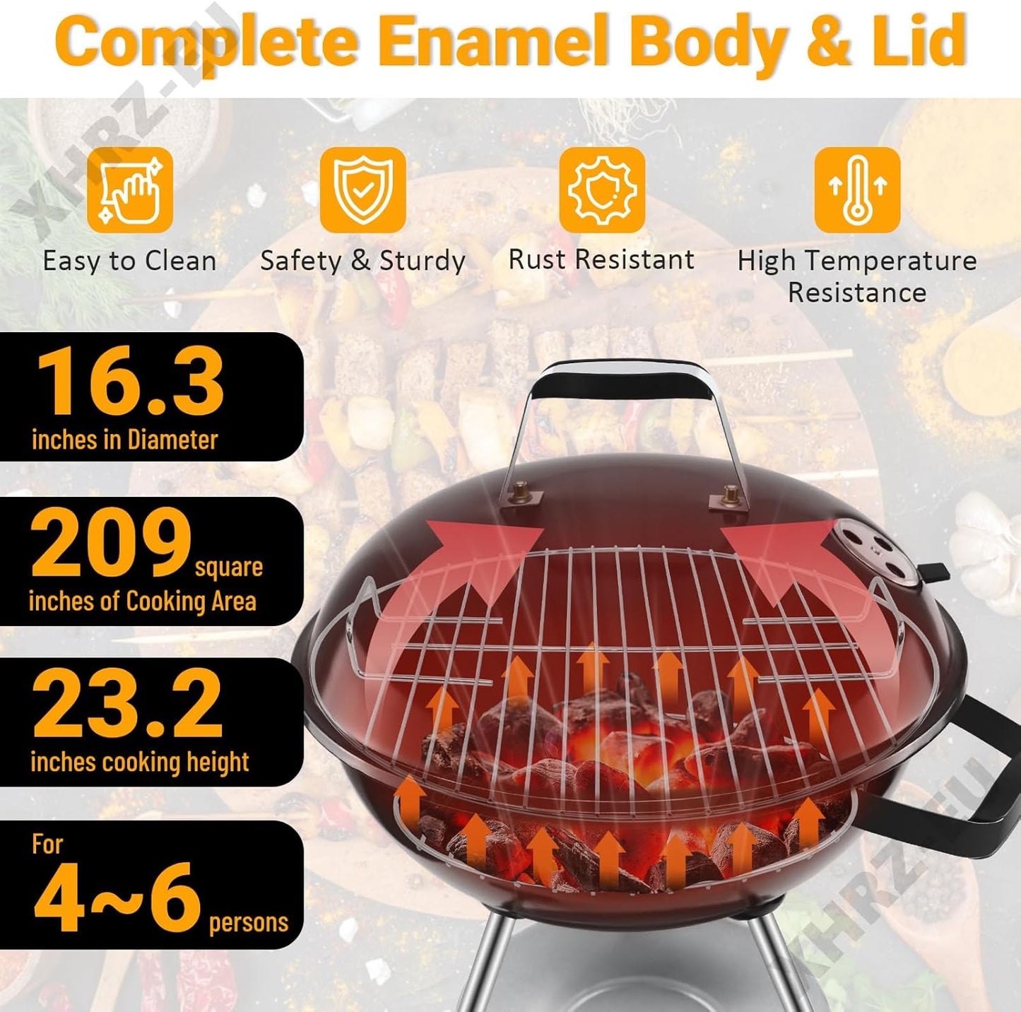 Charcoal BBQ Grill, Outdoor Barbecue Portable Kettle Coal with Wheels, 41Cm Grill Area, Stand Ball Rounded Barbecue Grill Camping Garden Black